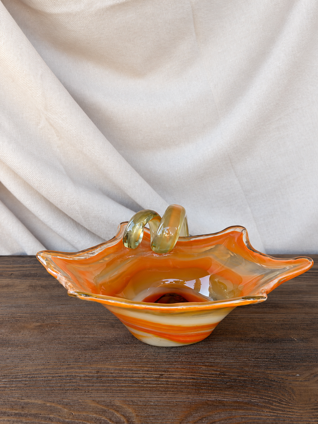 Orange Swirl Hand-Blown Art Glass Bowl/Basket photo 3