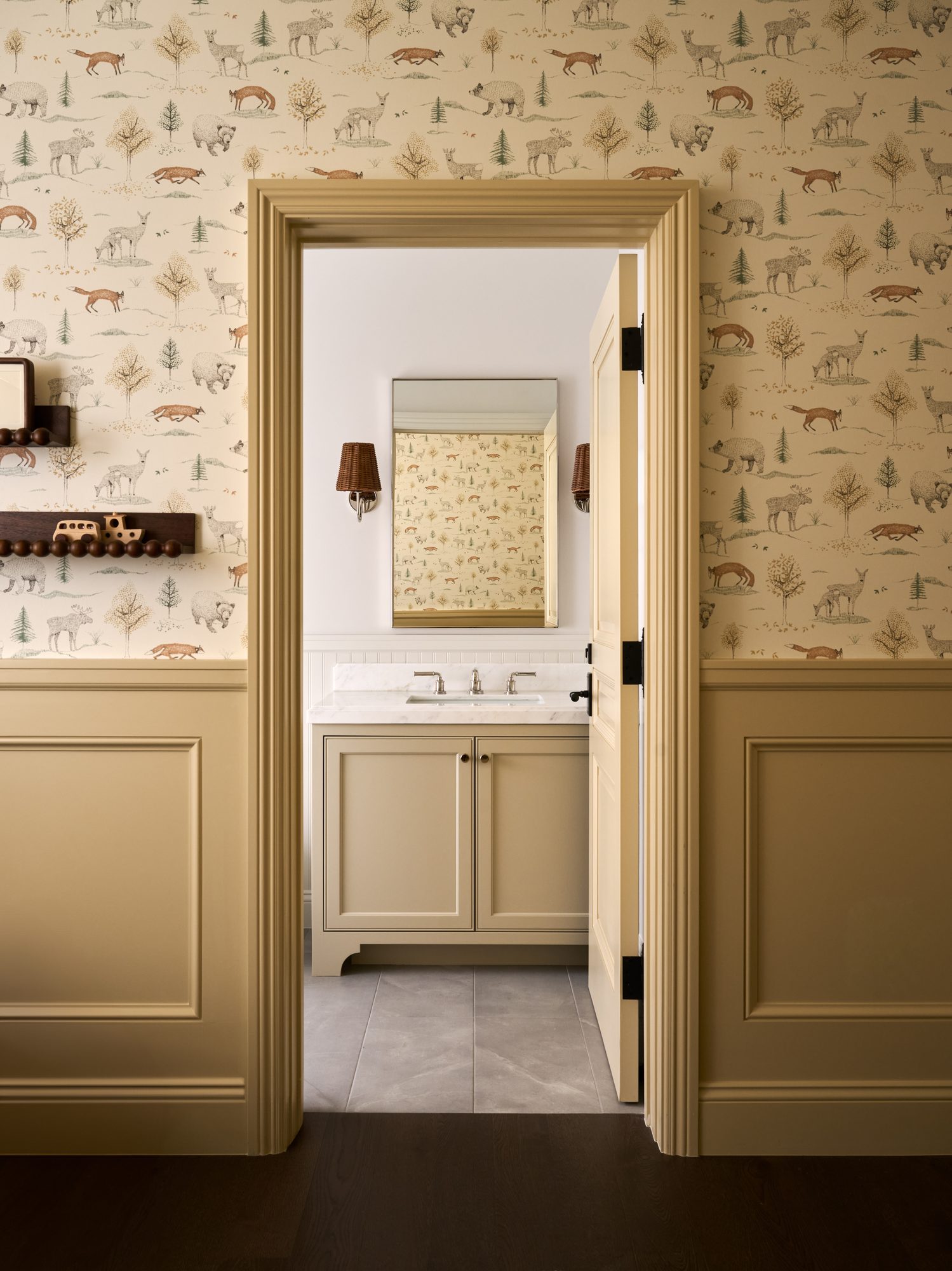 Blue Laurel woodland wallpaper hallway bathroom
