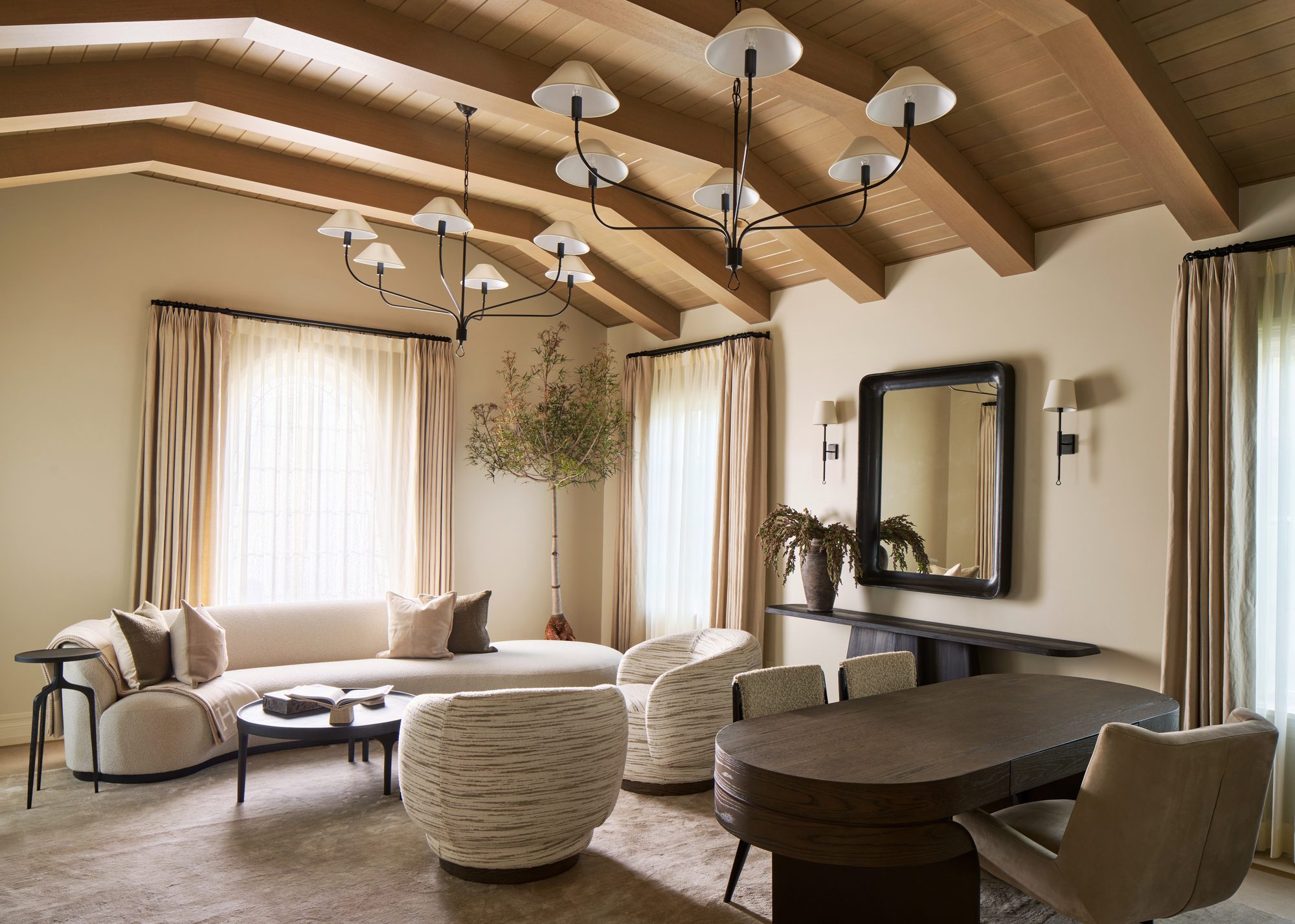 Casa Marfil living room with vaulted wood ceiling