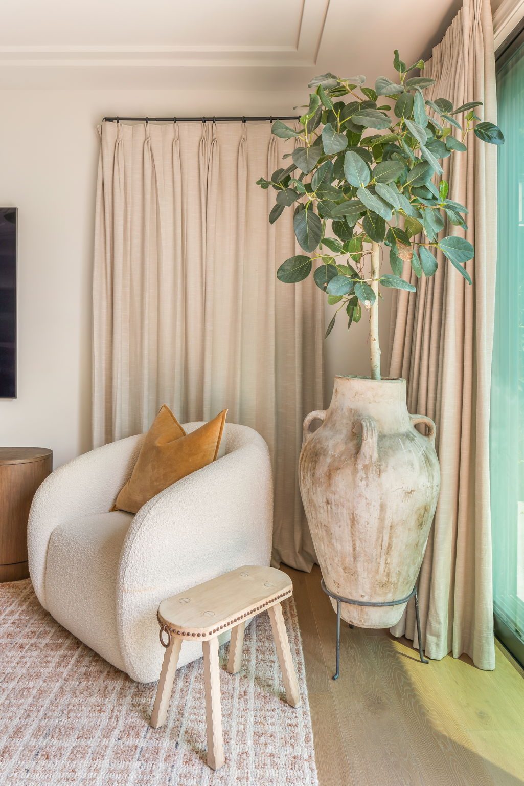 Storybook House family room with built-in shelving